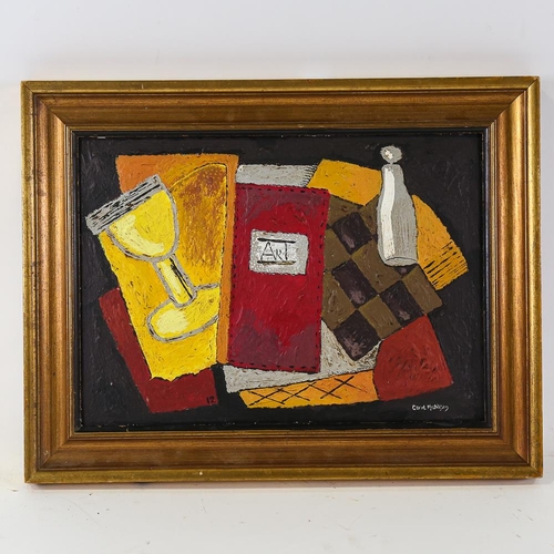 1808 - Carol Maddison, oil on board, abstract still life, 26cm x 37cm, framed