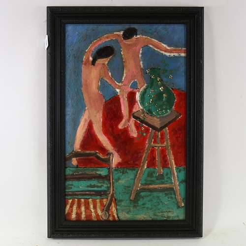 1811 - Carol Maddison, oil on board, abstract figures, 63cm x 38cm, framed