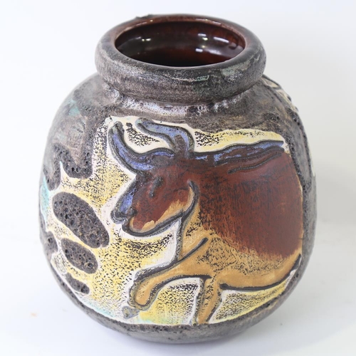 2086 - SCHEURICH, GERMANY - mid-century fat lava pottery vase with cave painting decoration, maker's mark t... 