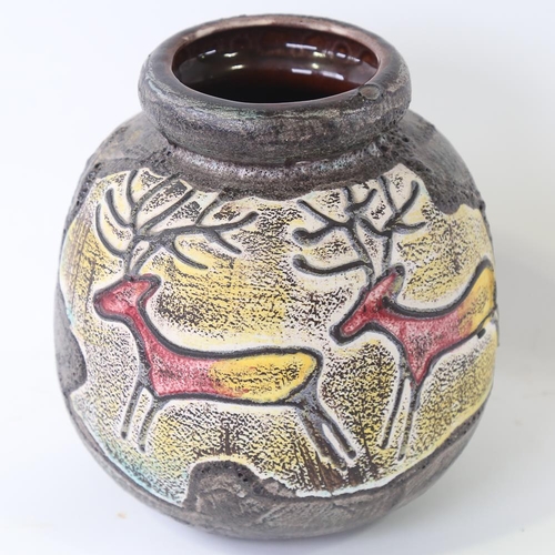 2086 - SCHEURICH, GERMANY - mid-century fat lava pottery vase with cave painting decoration, maker's mark t... 