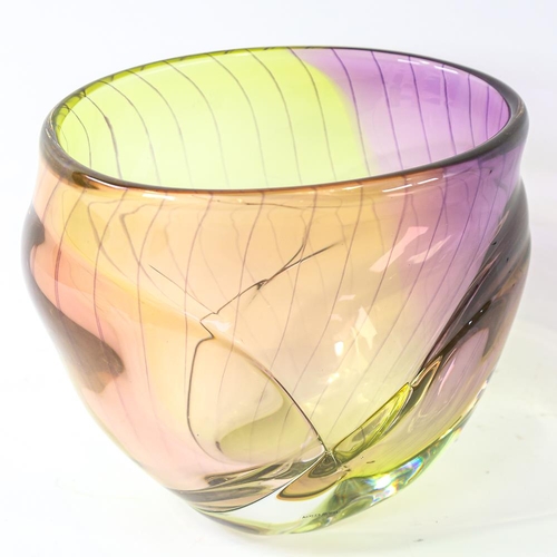 2104 - KJELL ENGMAN for KOSTA BODA - a large iridescent banded glass vase, signed to base, height 21cm