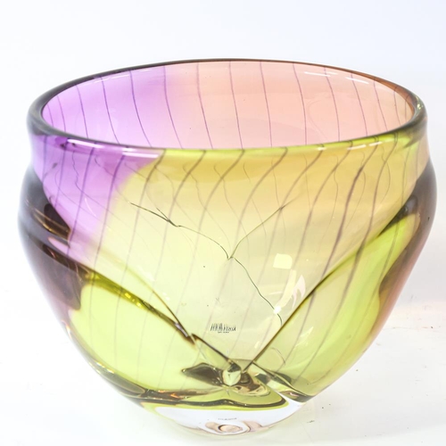 2104 - KJELL ENGMAN for KOSTA BODA - a large iridescent banded glass vase, signed to base, height 21cm