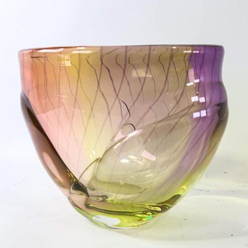 2104 - KJELL ENGMAN for KOSTA BODA - a large iridescent banded glass vase, signed to base, height 21cm