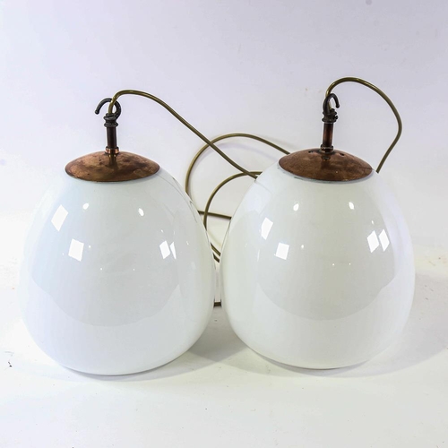 2109 - A pair of vintage globular ceiling lights with copper hanging fixtures, pendant height to hook 36cm