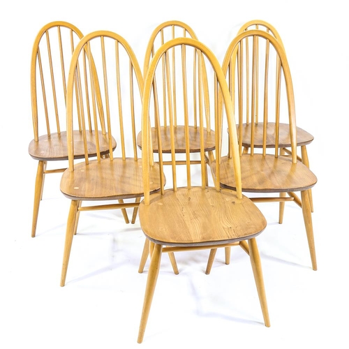 2154 - ERCOL, a set of 6 elm seated stick-back dining chairs, stamped to base 1960 - model nr 2056