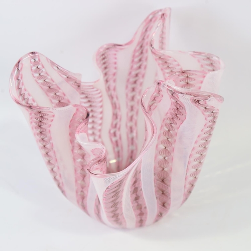 2070 - FULVIO BIANCONI for VENINI FAZZOLETTO - 1949 designed vase in pink and white Zanfirico Glass, signed... 