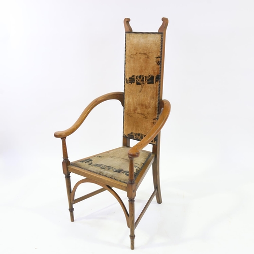 266 - J S Henry (Glasgow School) Arts and Crafts oak armchair of high-back form, with curved out-swept arm... 