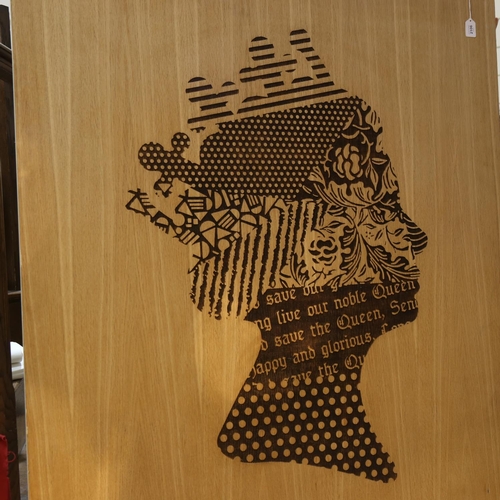 2106 - A large stylised portrait of H.M. The Queen, on laser etched 30mm oak faced ply board, 200cm x 120cm