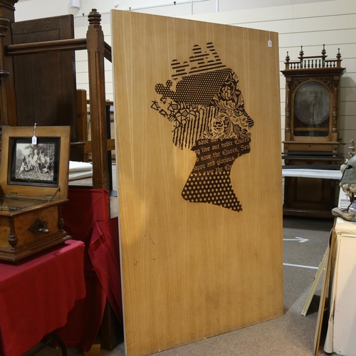 2106 - A large stylised portrait of H.M. The Queen, on laser etched 30mm oak faced ply board, 200cm x 120cm