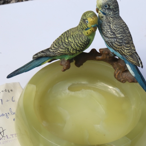 224 - A circular onyx bowl surmounted by cold painted bronze budgies, bowl diameter 11cm, together with re... 