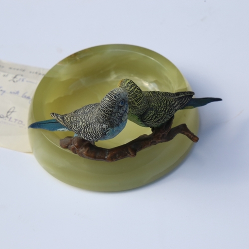 224 - A circular onyx bowl surmounted by cold painted bronze budgies, bowl diameter 11cm, together with re... 