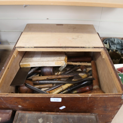 114 - Various Antique carpenter's woodworking tools, including large chisels, small hatchet etc (boxful)