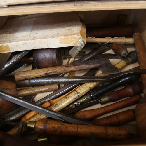 114 - Various Antique carpenter's woodworking tools, including large chisels, small hatchet etc (boxful)