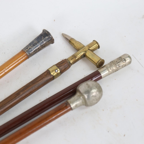 118 - 4 military swagger sticks, including silver-topped example, and caps for the Welch Regiment (4)