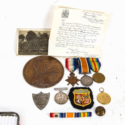 133 - A group of 3 First World War medals to M-08368 Pte H J Brookman, ASC, a bronze death plaque for Geor... 