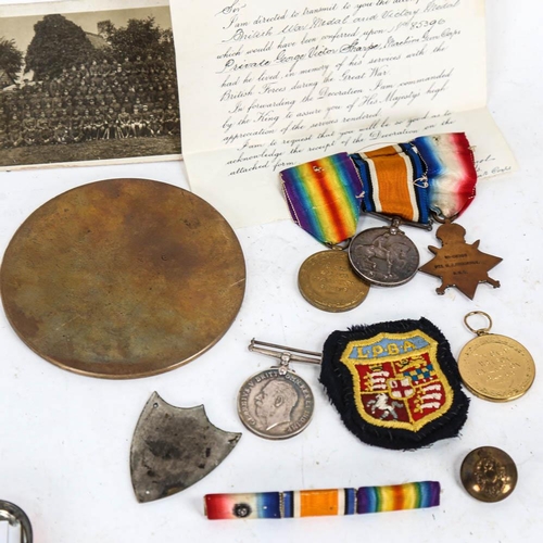 133 - A group of 3 First World War medals to M-08368 Pte H J Brookman, ASC, a bronze death plaque for Geor... 