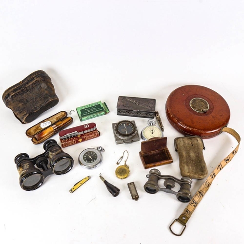 159 - Opera glasses, cased cigar holder, pocket watch, compass etc