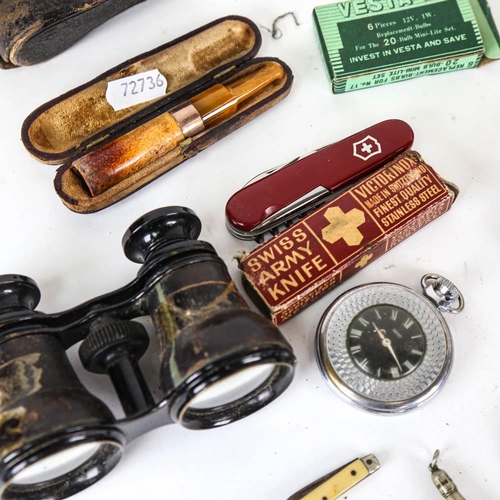 159 - Opera glasses, cased cigar holder, pocket watch, compass etc