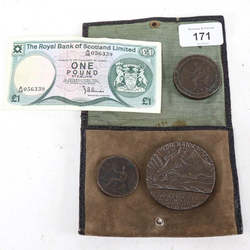 171 - WITHDRAWN - A George III cartwheel penny, another George III coin, a Lusitania medal etc