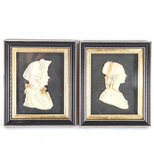 3 - A pair of 19th century relief moulded wax profiles, depicting officer and a lady, both framed, overa... 