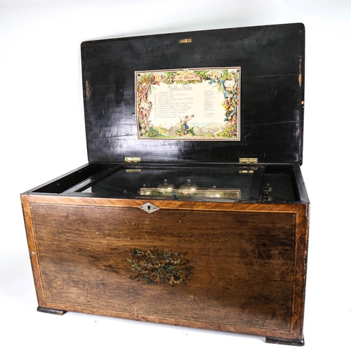 37 - A large Antique Swiss rosewood music box, playing 12 airs with 6 bells, with inlaid decoration, cyli... 