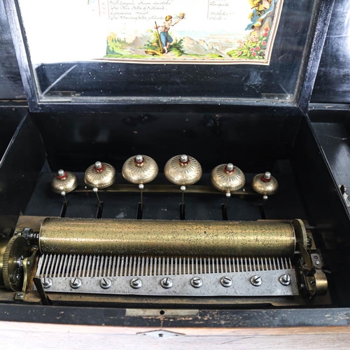 37 - A large Antique Swiss rosewood music box, playing 12 airs with 6 bells, with inlaid decoration, cyli... 