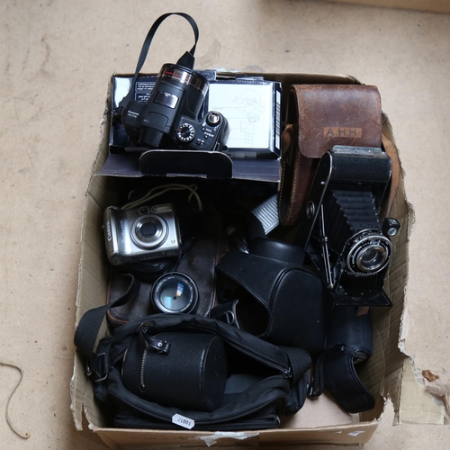 82 - Various cameras and equipment, including Panasonic FZ38, lenses etc (boxful)