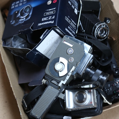 82 - Various cameras and equipment, including Panasonic FZ38, lenses etc (boxful)