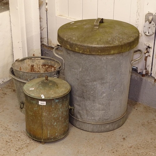 2412 - A large galvanised metal bin and lid, 2 galvanised buckets, and a copper coal bin