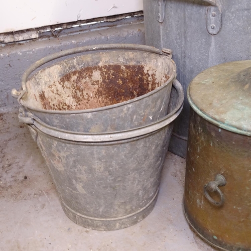 2412 - A large galvanised metal bin and lid, 2 galvanised buckets, and a copper coal bin