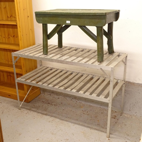 2413 - An aluminium 2-tier greenhouse staging, L121cm, and a green painted bench, L76cm