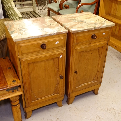 2427 - A pair of Art Deco oak and marble-top bedside cupboards, W40cm, H78cm, D38cm