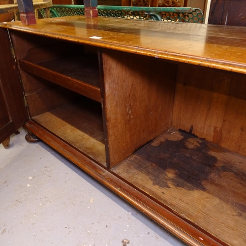 2436 - A Victorian mahogany low cupboard, with panelled doors, on bun feet, W137cm, H64cm, D50cm