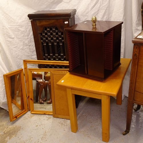 2478 - A hardwood CD cabinet with mesh door, and table-top revolving CD cabinet, 3 fold mirror, small table