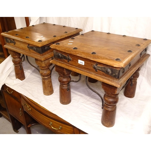 2480 - A pair of sheesham square lamp tables, with studded wrought-iron decoration