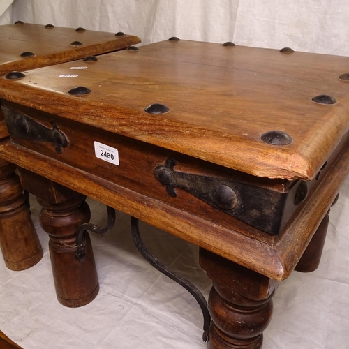 2480 - A pair of sheesham square lamp tables, with studded wrought-iron decoration