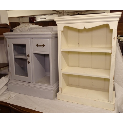 2481 - A white painted 3-tier open bookcase of small size, W53cm, and a small blue painted cabinet, W57cm