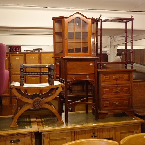 2486 - A walnut stool on X-shaped base, an Edwardian mahogany sewing cabinet, a 3-drawer bedside chest, a s... 