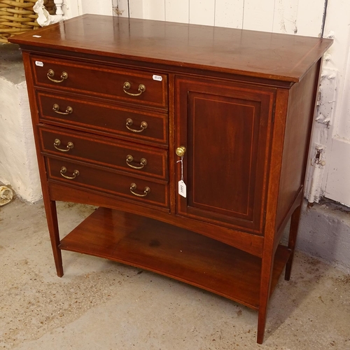 2491 - An Edwardian mahogany and satinwood-banded music cabinet, W81cm, H84cm, D37cm