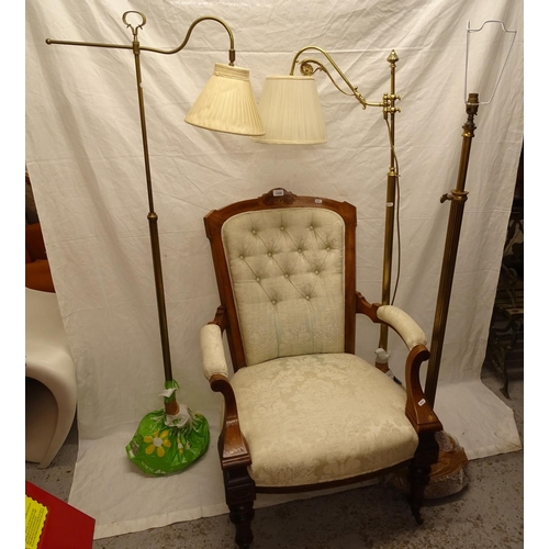 2498 - A Victorian walnut and satinwood-strung open-arm chair, and 3 various brass floor lamps