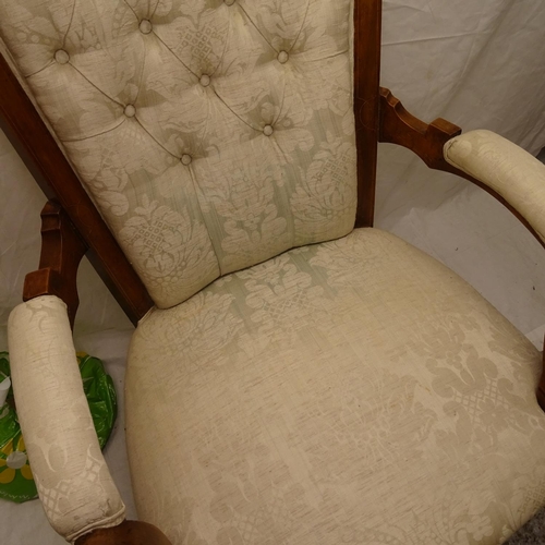 2498 - A Victorian walnut and satinwood-strung open-arm chair, and 3 various brass floor lamps