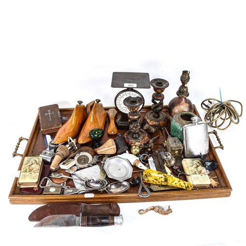 463 - A tray of miscellaneous items, including a postal scale, shoe lasts, silver plated items, Vintage kn... 