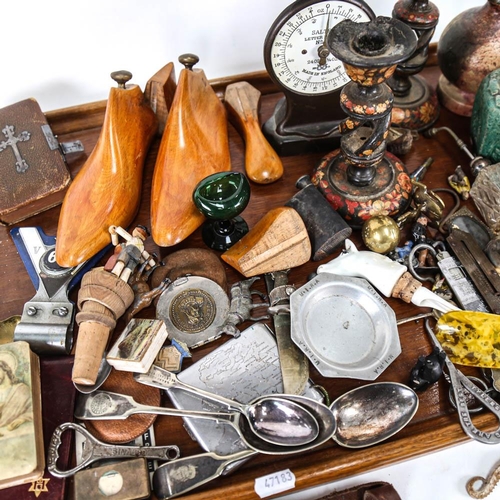 463 - A tray of miscellaneous items, including a postal scale, shoe lasts, silver plated items, Vintage kn... 