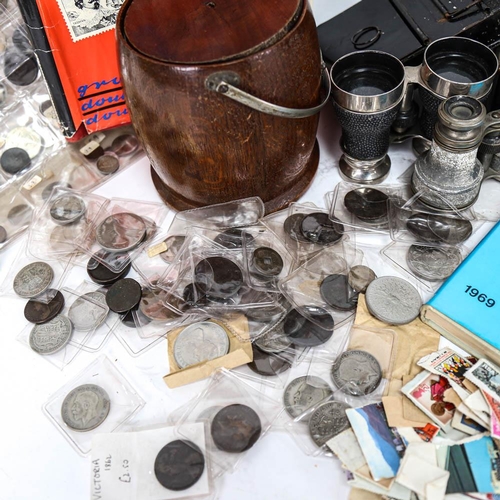 464 - A box of various items, to include 2 pairs of binoculars, a box and folder of British and foreign co... 