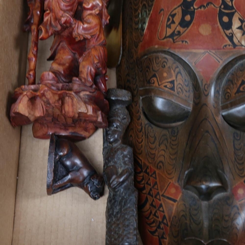 467 - Various carved wood items, including 2 wall masks, figures etc