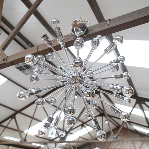 480 - An unusual polished metal ceiling light fitting, diameter 60cm