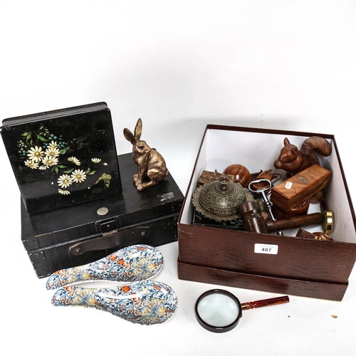 487 - Decorative boxes, animal figures, reproduction boxed bosun's whistle, magnifying glasses etc