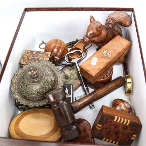 487 - Decorative boxes, animal figures, reproduction boxed bosun's whistle, magnifying glasses etc