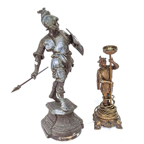 488 - A spelter figure of a warrior with a spear, height 58cm, and a gilt-metal knight figure table lamp