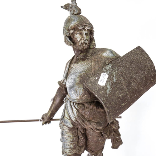 488 - A spelter figure of a warrior with a spear, height 58cm, and a gilt-metal knight figure table lamp